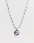 Asos Design Necklace With Crystal Gem Pendant And Ball Chain In Silver Tone