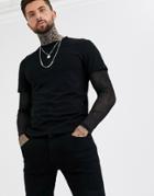 Asos Design Long Sleeve T-shirt With Mesh Double Layer Sleeve-black