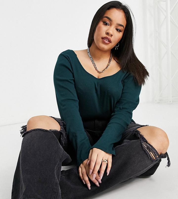 River Island Plus Long Sleeve Scoop Neck Top In Dark Green