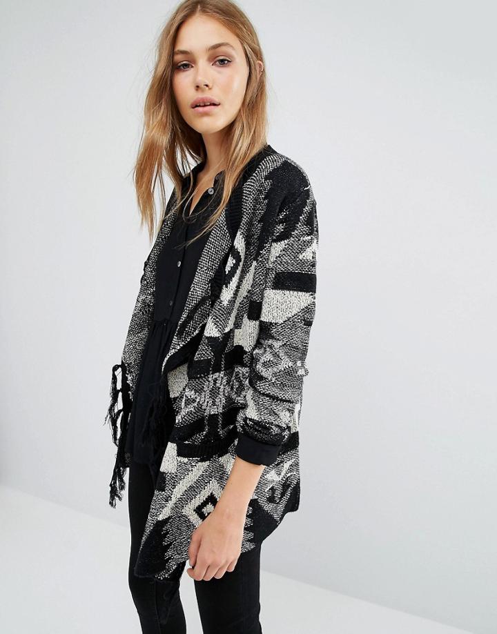 Qed London Longline Cardigan In Mono Jacquard - Black