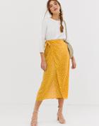 Asos Design Wrap Maxi Skirt With Tie Front In Yellow Polka Dot - Multi