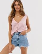 Asos Design Button Through Tank In Crinkle - Pink