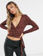 Asos Design Wrap Top In Micro Leopard Animal Print-brown