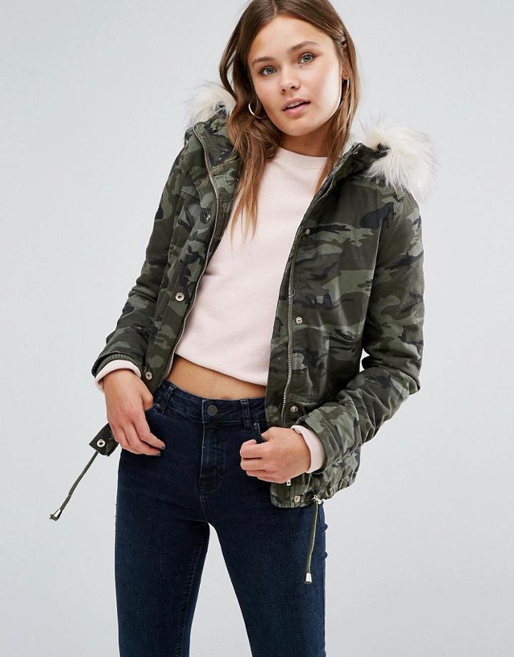 New Look Camo Jacket With Faux Fur Hood - Green