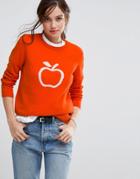 People Tree Organic Cotton Sweater With Apple Graphic - Orange