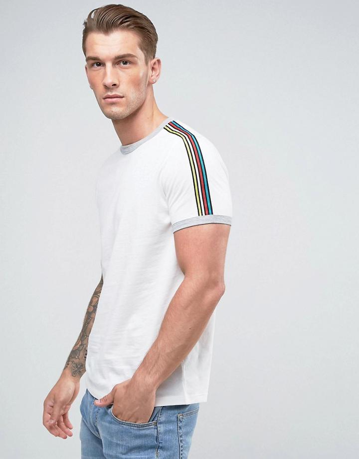 Asos T-shirt With Retro Rainbow Shoulder Taping In Ecru - White