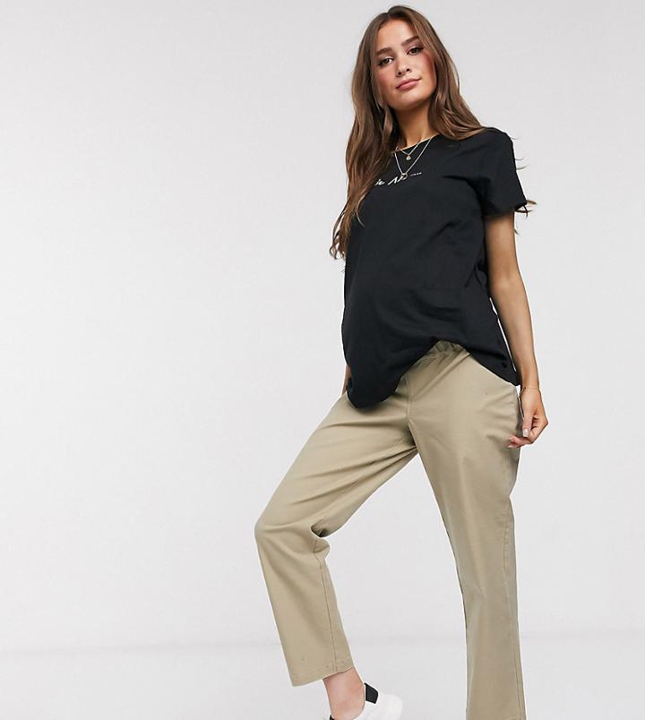 Asos Design Maternity Straight Leg Pants In Comfort Stretch Stone Slubby Cotton-neutral