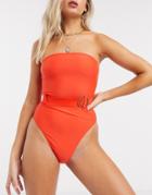 South Beach Strapless High Leg Swimsuit With Belt In Red-orange