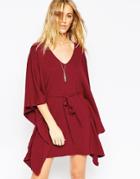 Asos Belted Cape Dress With Ribbed Front Panel - Dark Red