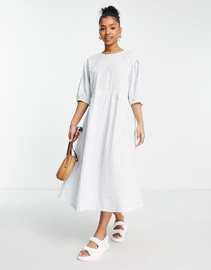 Monki Seersucker Smock Dress In Blue Gingham