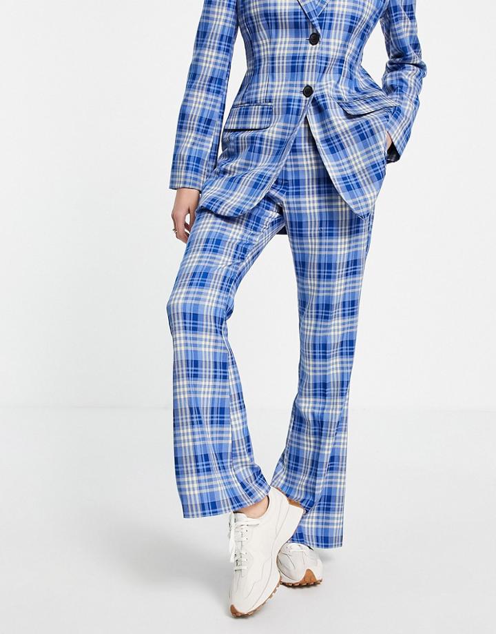 Asos Design Flare Suit Pants In Blue Check-blues