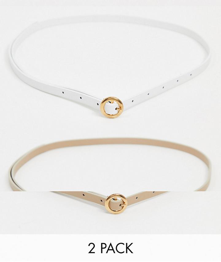 Asos Design 2 Pack Mini Circle Buckle Skinny Waist And Hip Boyfriend Belts In White And Beige-multi