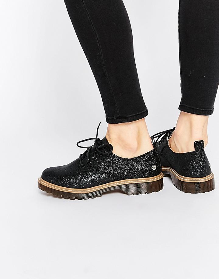 Blink Glitter Chunky Lace Up Flat Shoes - Black Fine Glitter