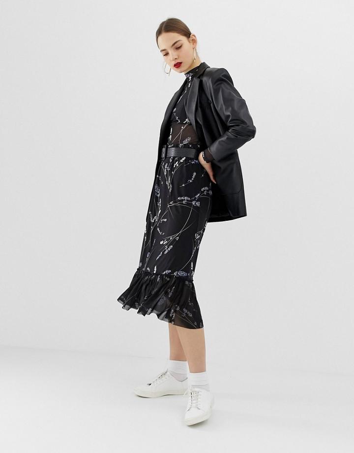 Moss Copenhagen Midi Skirt With Ruffle Skirt In Mesh Floral - Black