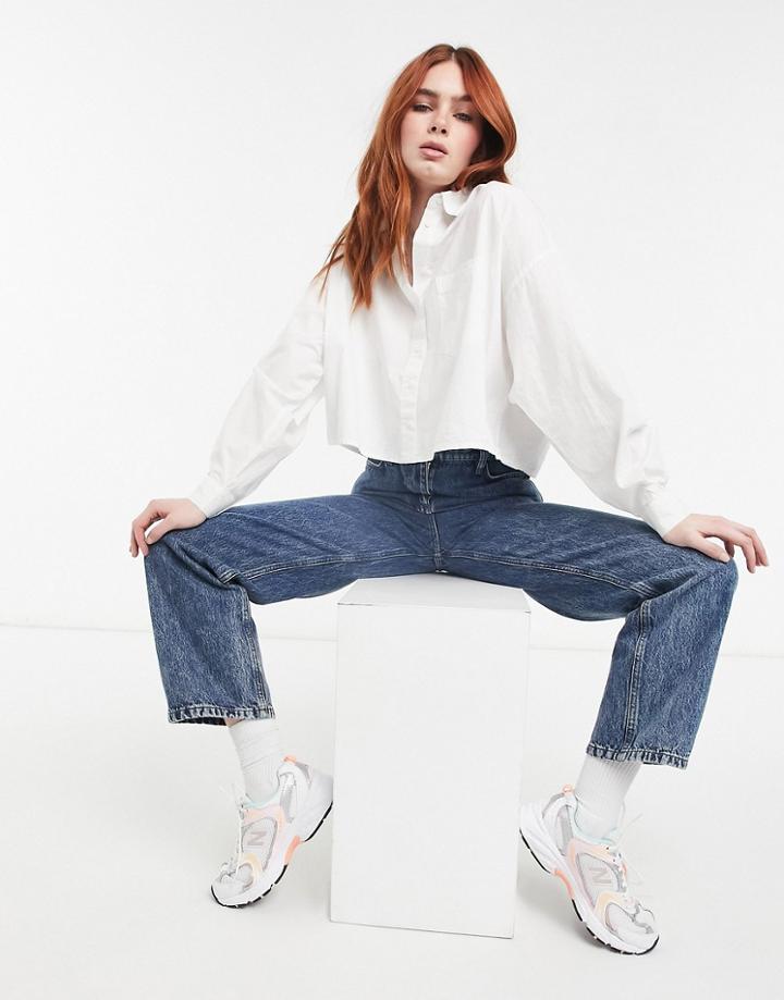 Stradivarius Cropped Cotton Shirt In White