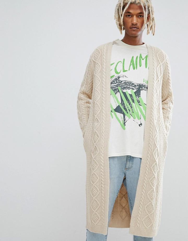 Asos Design Longline Heavyweight Cable Knit Cardigan In Ecru - Beige