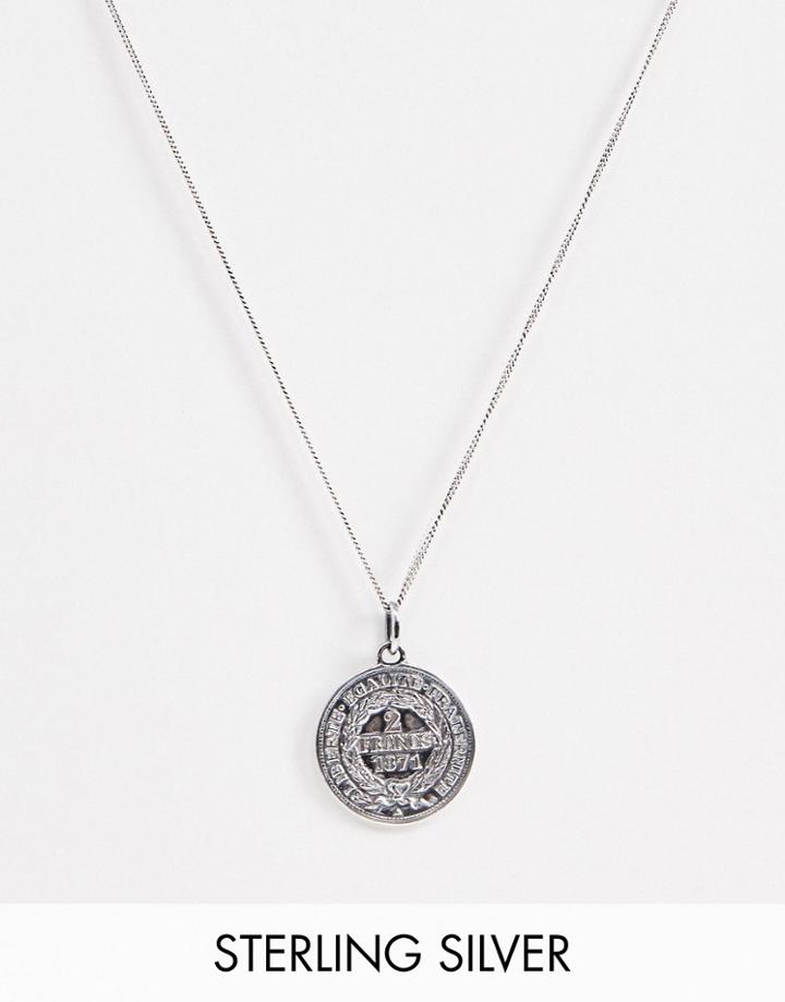 Asos Design Sterling Silver Coin Pendant Necklace In Burnished Silver - Silver