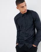 Hugo Elisha Extra Slim Fit Poplin Shirt In Tonal Camo Jacquard - Black
