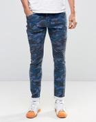 Liquor & Poker Camo Skinny Biker Jeans - Navy