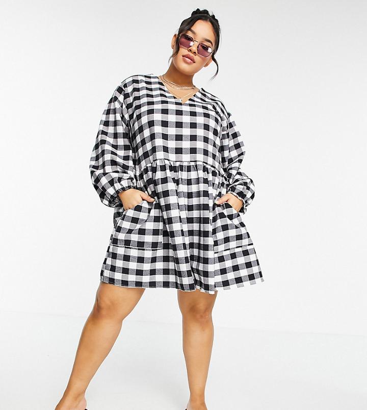 Asos Design Curve V-front Smock Romper In Mono Gingham-multi
