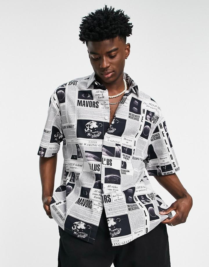 Asos Design Boxy Oversized Shirt In All Over Newspaper Print-white