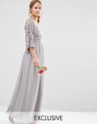 Maya Wrap Front Pleated Maxi Dress With Lace Sleeve - Gray