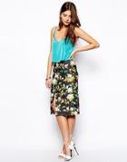 Asos Pencil Skirt With Center Front Split In Tropical Floral - Multi