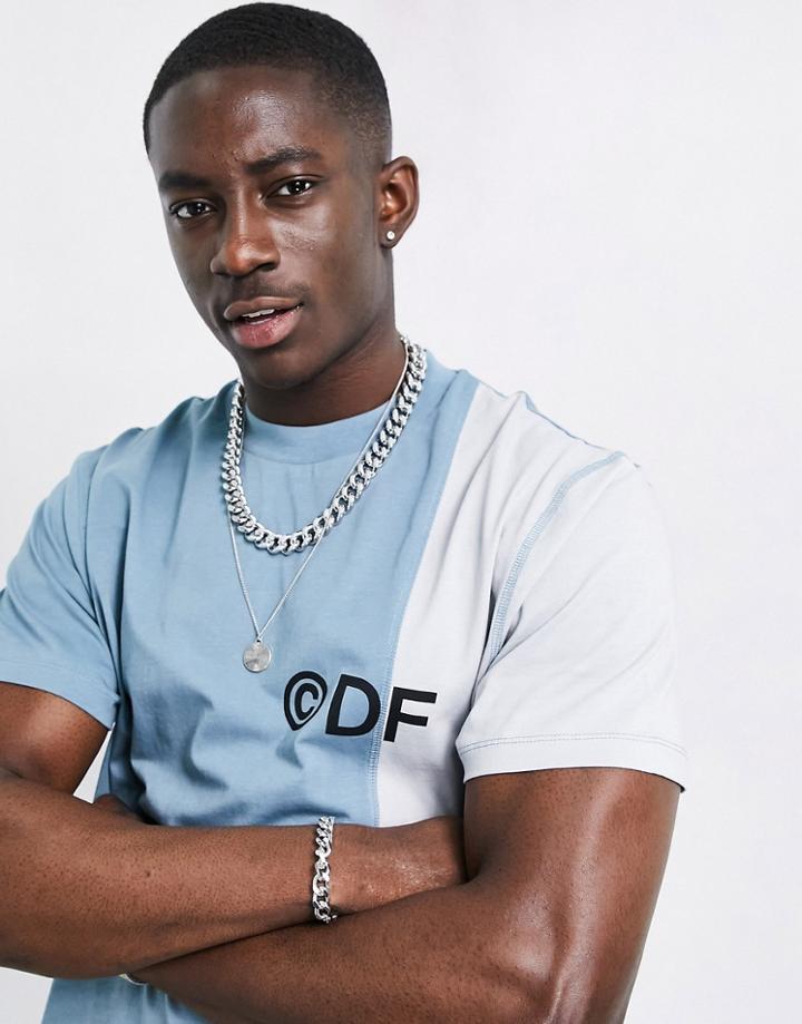 Asos Dark Future Relaxed T-shirt In Blue With Colorblock Detail And Printed Logo-grey