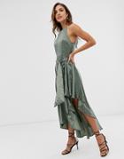 Forever U Collection Halter Neck Tie Waist Dress In Khaki-green