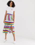 Asos Design Multi Colored Stripe Pleated Midi Skirt With Self Belt - Multi