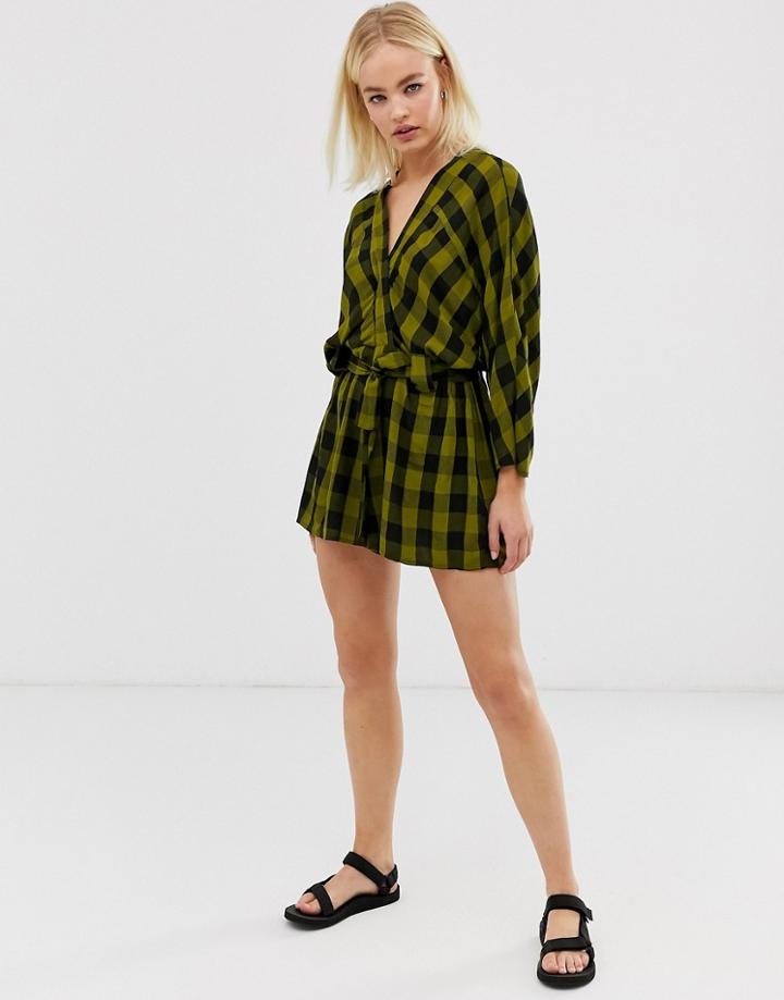 Asos Design Stitch Detail Slouchy Tie Waist Romper In Green Check - Multi