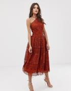 Asos Design Lace Midi Dress With Pinny Bodice-brown