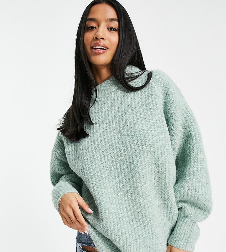 Asos Design Petite Oversized Sweater In Premium Yarn In Rib In Sage-green