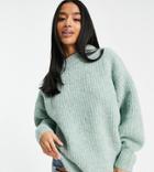 Asos Design Petite Oversized Sweater In Premium Yarn In Rib In Sage-green