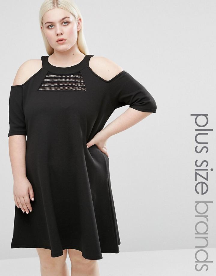 Pink Clove Cold Shoulder Swing Dress With Mesh Insert - Black