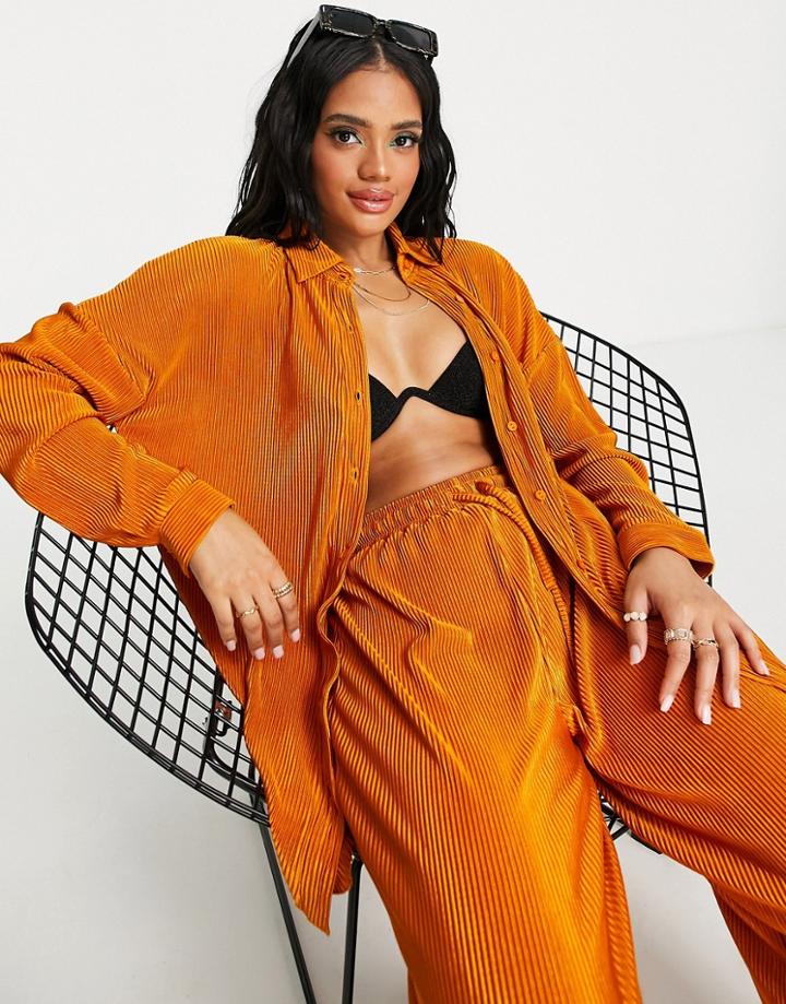 South Beach Plisse Oversized Beach Shirt In High Shine Copper - Part Of A Set-brown