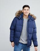 River Island Puffer Jacket With Faux Fur Hood In Blue