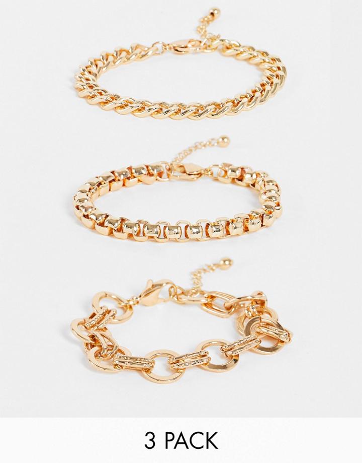 Asos Design 3-pack Bracelets Mixed Vintage Style Chains In Gold Tone