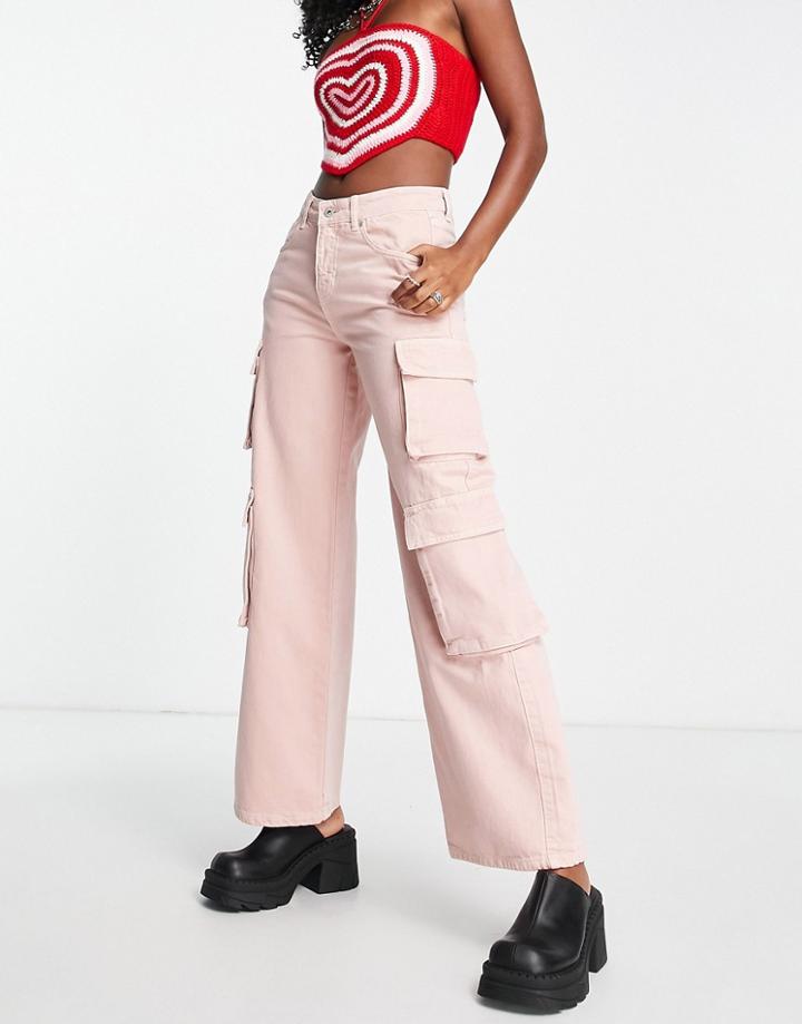 The Ragged Priest Wide Leg Relaxed Cargo Jeans In Baby Pink