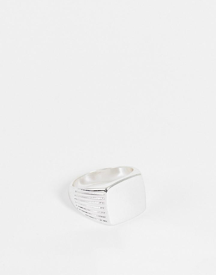 Asos Design Square Signet Ring With Line Side Detail In Silver Tone