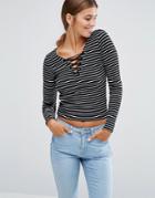 New Look Rib Lace Up Top - Black