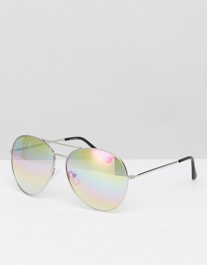 Asos Aviator Glasses In Silver Metal With Iridescent Clear Lens - Silver