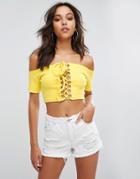 Missguided Ribbed Short Sleeve Lace Up Top - Yellow