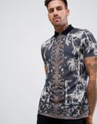 Asos Design Muscle Polo With All Over Palm And Leopard Print - Black