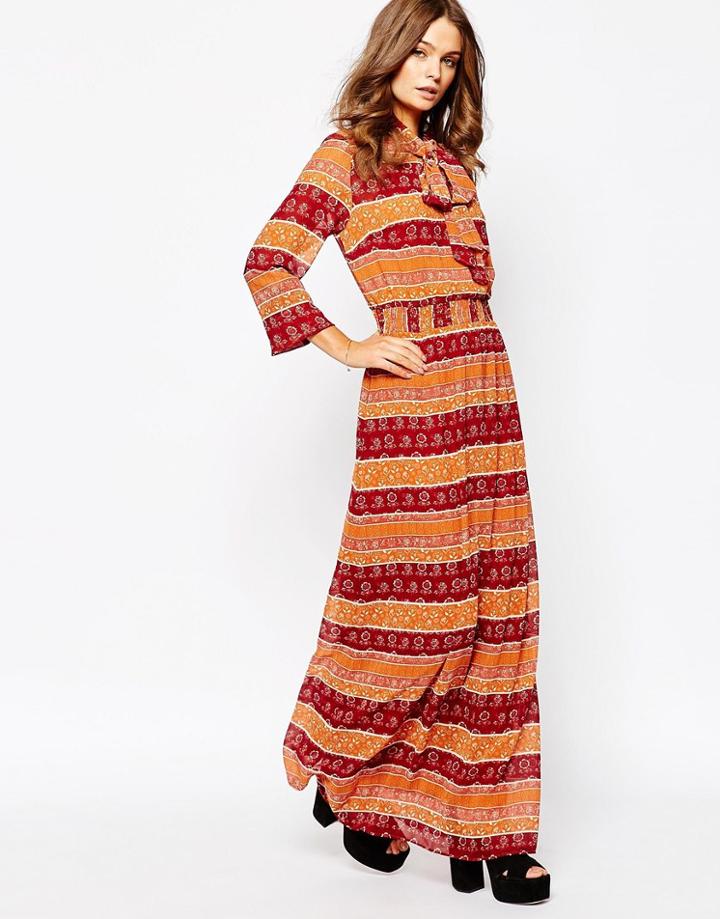 First & I Tie Neck Detail Maxi Dress - Syrah