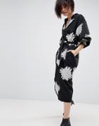 Asos White Mono Floral Bell Sleeve Midi Dress - Black