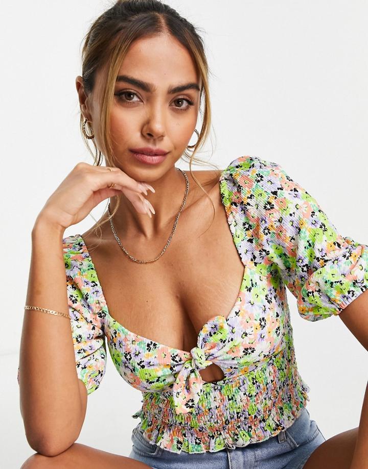 Miss Selfridge Printed Floral Knot Tie Front Top-multi