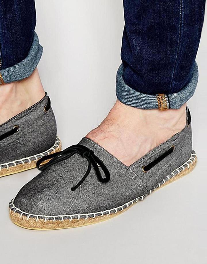 Asos Canvas Espadrilles In Chambray With Tie Front Detailing - Black