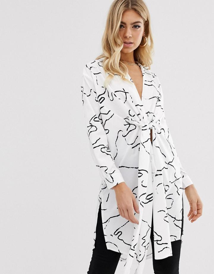 Parallel Lines Longline Knot Front Shirt In Abstract Print-white