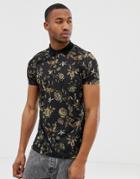 Asos Design Polo In All Over Floral Print - Black